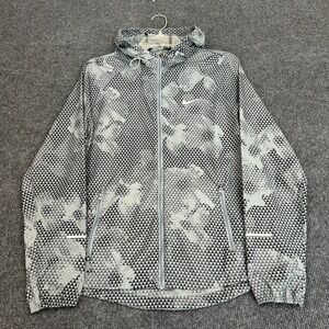 NIKE Running Women's Jacket Medium Full-Zip Hooded Black Gray Geometric Sporty